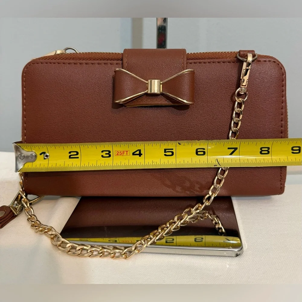 Brown Bow-Accent Wristlet Wallet Small Purse with Gold Chain